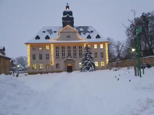 a large building with a christmas tree in the snow at Otto der Reiche in Ballenstedt