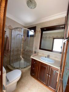 a bathroom with a shower and a sink and a toilet at Casa Ale in Playa Quemada +19 photos