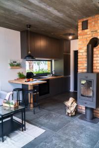 a kitchen with a stove in the middle of a room at Stara Izba samotnia blisko natury in Aleksandria
