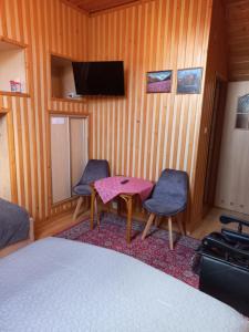 Maniowy的住宿－Noclegi u Zosi，一间卧室配有一张床、两把椅子和一台电视