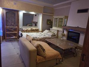 ein Wohnzimmer mit einem Sofa und einem Kamin in der Unterkunft Готель Жасмин in Ternopil
