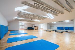 ein großer Yoga-Raum mit blauen Matten auf dem Boden in der Unterkunft Arberland Tagungshaus in Regen