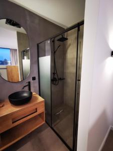 uma casa de banho com um chuveiro, um lavatório e um espelho. em Mandevilla Hillside Luxury Villas em Ayios Nikitas