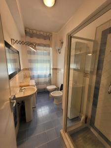 Un baño con inodoro, lavabo y ducha. en Appartamento Stella Marina a due passi dal mare e dal centro, en Marina di Carrara