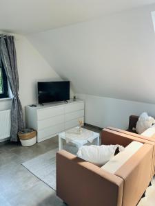 a living room with two couches and a tv at Ubytování pod Troskami in Rovensko pod Troskami