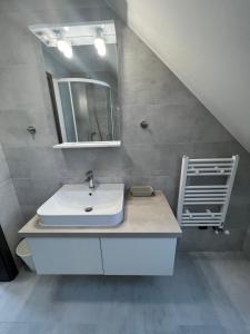 een badkamer met een wastafel en een spiegel bij Ubytování pod Troskami in Rovensko pod Troskami