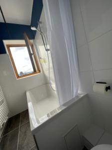 a white bathroom with a shower and a toilet at Wanderlust East73 in Trier