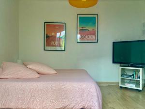 una camera con letto e TV a schermo piatto di Maisonnette studio Arcachon 300m plage ad Arcachon