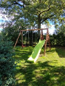 einen Spielplatz mit grüner Rutsche im Gras in der Unterkunft Bienvenue au Faré Hibiscus in Corrombles