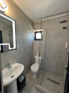 a bathroom with a toilet and a sink and a shower at Hotel Miniom in Constanţa