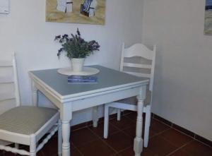 a white table and chairs with a plant on it at App-Sturmhaube-1 in Tinnum
