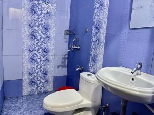 a blue bathroom with a toilet and a sink at Maya Beach Resort Near Vagator Petrol Pump Anjuna in Vagator +25 photos
