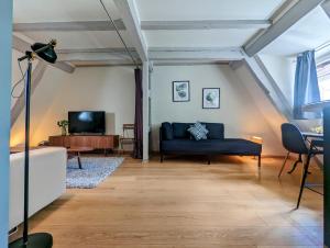 ein Wohnzimmer mit einem blauen Sofa und einem TV in der Unterkunft CityCosy Strasbourg - Authentique Batelier in Straßburg