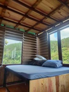 ダラットにあるHoa Sơn Điền Viên Homestayの大きな窓のある部屋のベッド