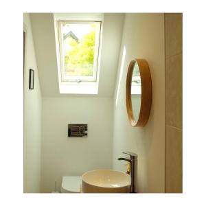 uma casa de banho com um WC, um lavatório e um espelho. em Dromdiah Lodge em Killeagh