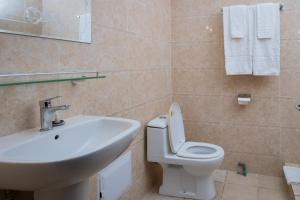 a bathroom with a sink and a toilet at Hotel Hibiscus Blvd Triomphal in Libreville