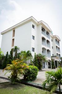 利伯维尔Hotel Hibiscus Blvd Triomphal的一座巨大的白色建筑，前面有棕榈树