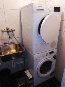 a washing machine and a sink in a bathroom at Fish factory -The real Lofoten experience in Ballstad