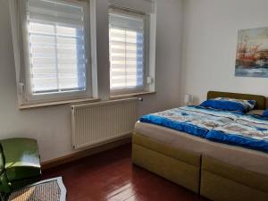 ein Schlafzimmer mit einem Bett und zwei Fenstern in der Unterkunft Ferienwohnung in Cottbus-Klein Ströbitz Nähe Badesee in Cottbus