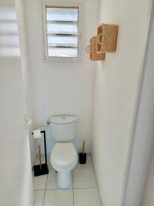 a bathroom with a toilet and a window at Les barbots in Saint-Louis