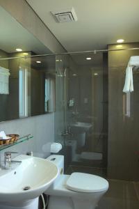 a bathroom with a sink and a toilet and a shower at Hung Cuong Hotel in Chau Doc