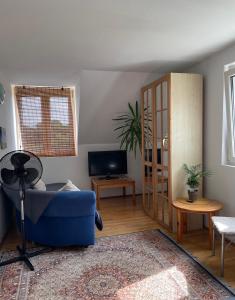 ein Wohnzimmer mit einem blauen Sofa und einem TV in der Unterkunft Szilvia Ház Balatonakarattya in Balatonakarattya