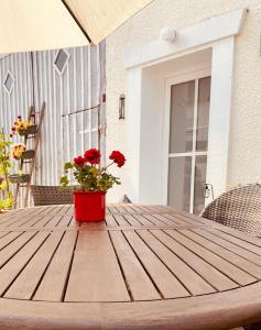 un pot rouge sur une table en bois avec une plante dans l'établissement Ferienhaus Griede, à Mörsdorf