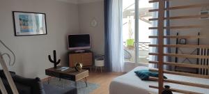 a living room with a bed and a tv at Les Cocons avec balcon in Vichy