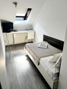 1 dormitorio con 1 cama y tragaluz en Garni hotel King en Kragujevac