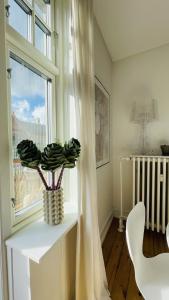 ein Wohnzimmer mit einem Fenster und einer Vase mit einer Pflanze in der Unterkunft ApartmentInCopenhagen Apartment 1511 in Kopenhagen