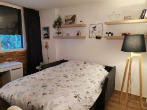 1 dormitorio con cama con edredón en Studio Face au Mont-Blanc, en Chamonix-Mont-Blanc