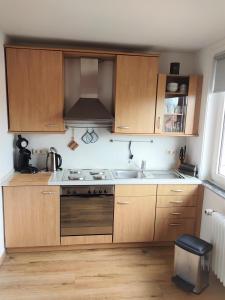 eine Küche mit Holzschränken und einer Spüle in der Unterkunft Ferienwohnung Alte Schule Ruhwarden in Ruhwarden