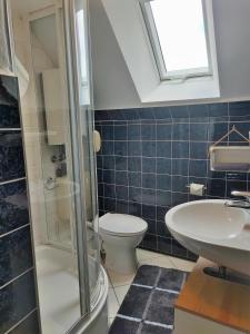 ein Badezimmer mit Toilette und Waschbecken in der Unterkunft Ferienwohnung Alte Schule Ruhwarden in Ruhwarden