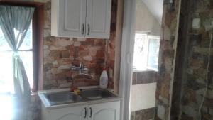 a kitchen with a sink and a stone wall at Holiday home in Rijeka Crnojevića