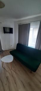 クルジュ・ナポカにあるPiccola Italia Casa Racovitaのリビングルーム(緑のソファ、テーブル付)