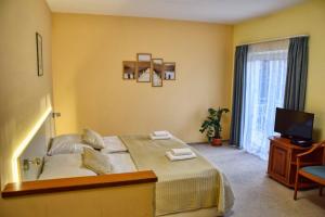 Hotel Penta Lux في تاتا: غرفه فندقيه سرير وتلفزيون