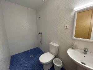 La salle de bains est pourvue de toilettes blanches et d'un lavabo. dans l'établissement Fonda Joan, à Santa Coloma de Farners