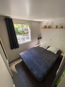 1 dormitorio con 1 cama grande en una habitación con ventana en MOBIL HOME Climatisé G058 en Aureilhan