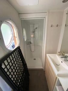 a bathroom with a shower and a sink at MOBIL HOME Climatisé G058 in Aureilhan +23 photos