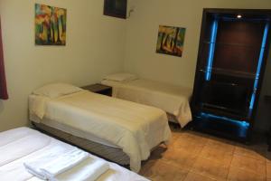a room with two beds and a television in it at Itaygua Hotel in Ribeirão Preto