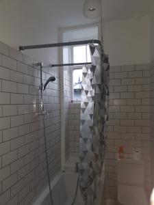 a bathroom with a shower and a bath tub at Castleview is a lovely flat in a listed building in Rothesay