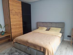 a bedroom with a bed with a gray headboard at NEW apartment for RELAX in Uzhhorod