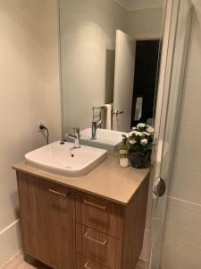 W łazience znajduje się umywalka i lustro. w obiekcie Huntlee Getaway w mieście Branxton