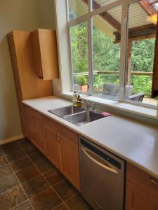 cocina con fregadero y ventana en Rainforest Retreat, en Isla de Bowen