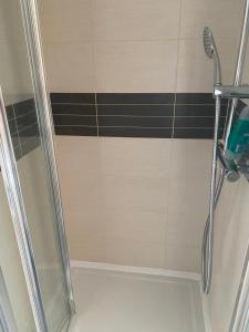 a shower with a glass door in a bathroom at Wilkinson farm in Blackrod