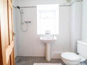 ein Bad mit einem WC, einem Waschbecken und einem Fenster in der Unterkunft The Stables At Cae Gwyn in Ruthin