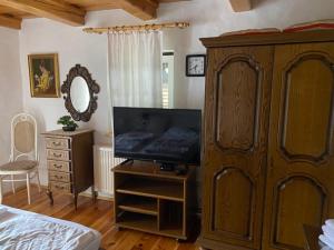 Apartma Jožica in Tonček في Sveti Jurij ob Ščavnici: غرفة نوم مع تلفزيون وخزانة خشبية كبيرة