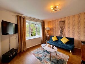 倫敦的住宿－Great 2 bedrooms apartment 15 mins from the centre，客厅设有蓝色的沙发和窗户。