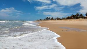 una playa con el océano y palmeras en ella en Grimms Pousada de Contos, en Porto de Sauipe