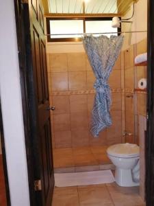 a bathroom with a toilet and a shower with a curtain at La Casa del Río/La Fortuna/Volcán Arenal in San Ramón